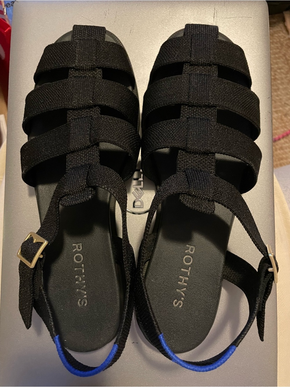 Rothy's The Fisherman Sandal - Black Strappy Sandals with Blue Heel Accent